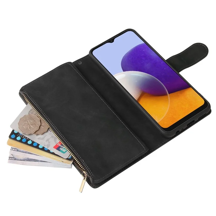 Für Samsung Galaxy A22 5G (EU -version) Mehrere Kartensteckplätze Leder -handy -hülle Wallet -ständer Magnetische Verschlussabdeckung Mit Reißverschluss in Tasche - Schwarz
