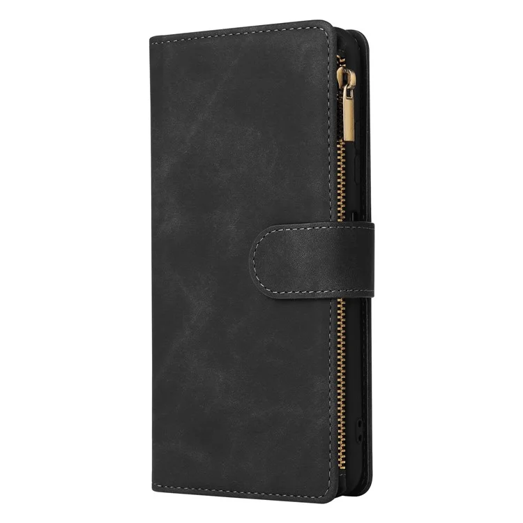 Für Samsung Galaxy A22 5G (EU -version) Mehrere Kartensteckplätze Leder -handy -hülle Wallet -ständer Magnetische Verschlussabdeckung Mit Reißverschluss in Tasche - Schwarz