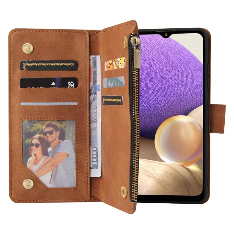 For Samsung Galaxy A32 4G (EU Version) Multiple Card Slots Zipper Pocket Leather Phone Case Stand Wallet Cover - Brown