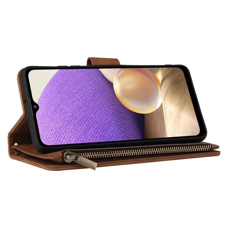 For Samsung Galaxy A32 4G (EU Version) Multiple Card Slots Zipper Pocket Leather Phone Case Stand Wallet Cover - Brown