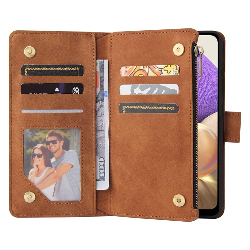 For Samsung Galaxy A32 4G (EU Version) Multiple Card Slots Zipper Pocket Leather Phone Case Stand Wallet Cover - Brown
