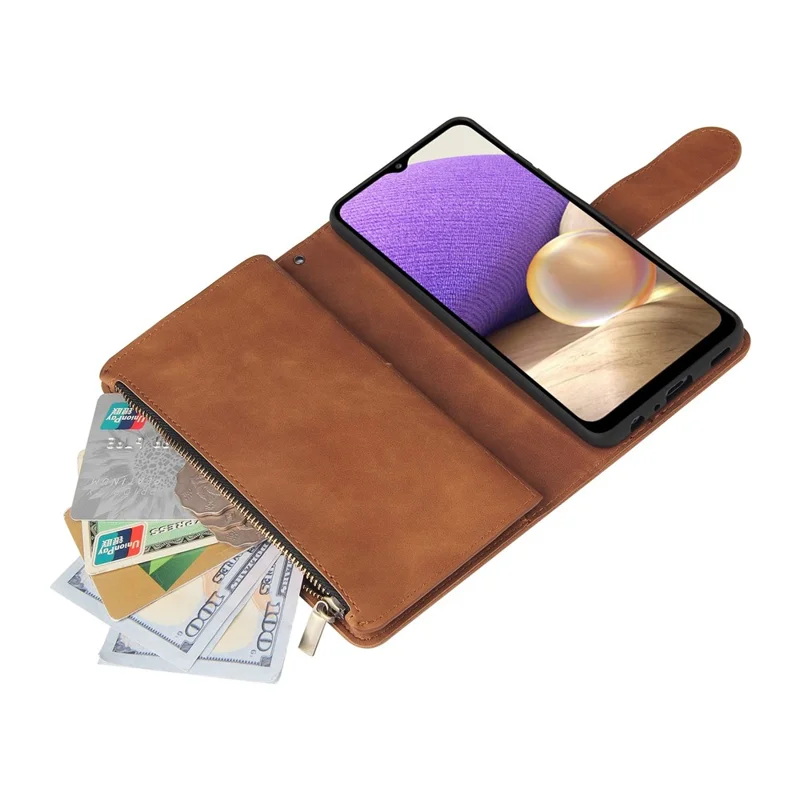 For Samsung Galaxy A32 4G (EU Version) Multiple Card Slots Zipper Pocket Leather Phone Case Stand Wallet Cover - Brown