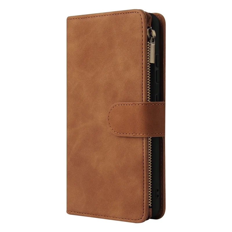 For Samsung Galaxy A32 4G (EU Version) Multiple Card Slots Zipper Pocket Leather Phone Case Stand Wallet Cover - Brown