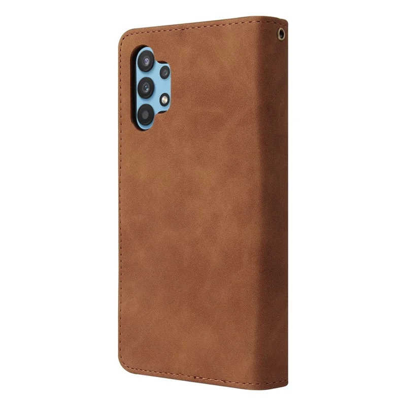 For Samsung Galaxy A32 4G (EU Version) Multiple Card Slots Zipper Pocket Leather Phone Case Stand Wallet Cover - Brown