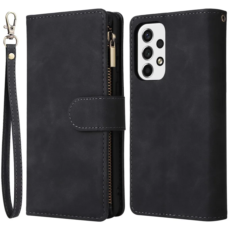 For Samsung Galaxy A53 5G Multiple Card Slots Drop-proof Case Leather Wallet Stand Folio Flip Phone Cover with Zipper Pocket - Black