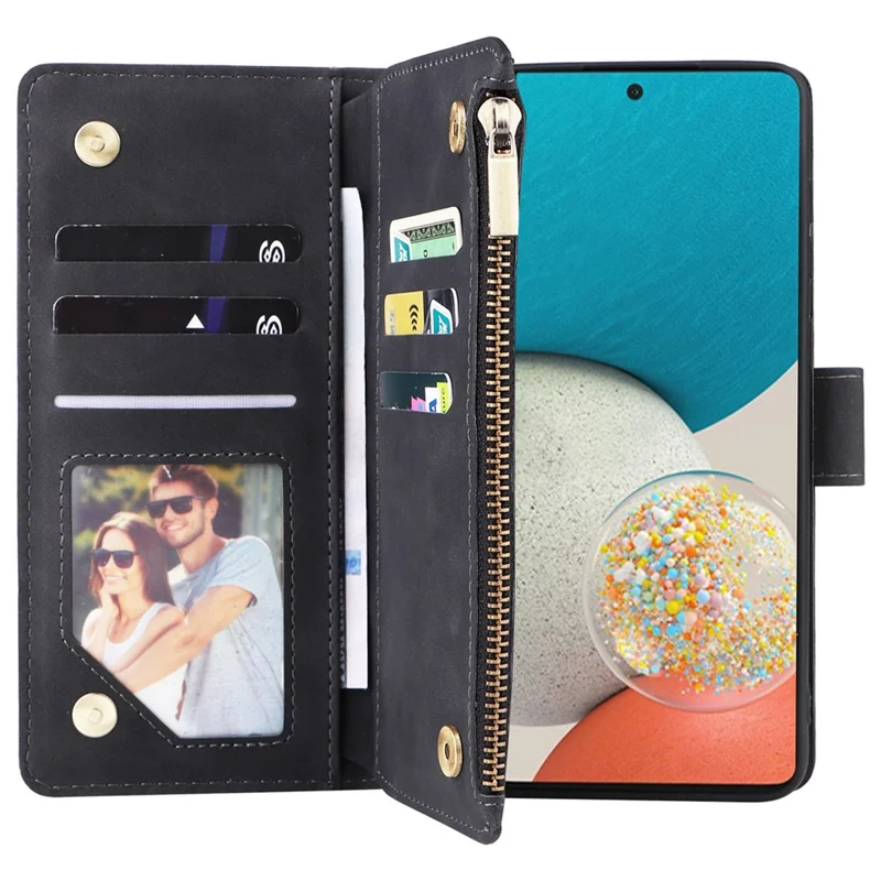 For Samsung Galaxy A53 5G Multiple Card Slots Drop-proof Case Leather Wallet Stand Folio Flip Phone Cover with Zipper Pocket - Black