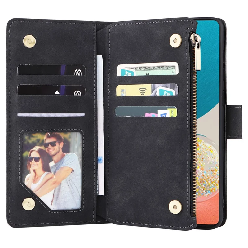 For Samsung Galaxy A53 5G Multiple Card Slots Drop-proof Case Leather Wallet Stand Folio Flip Phone Cover with Zipper Pocket - Black