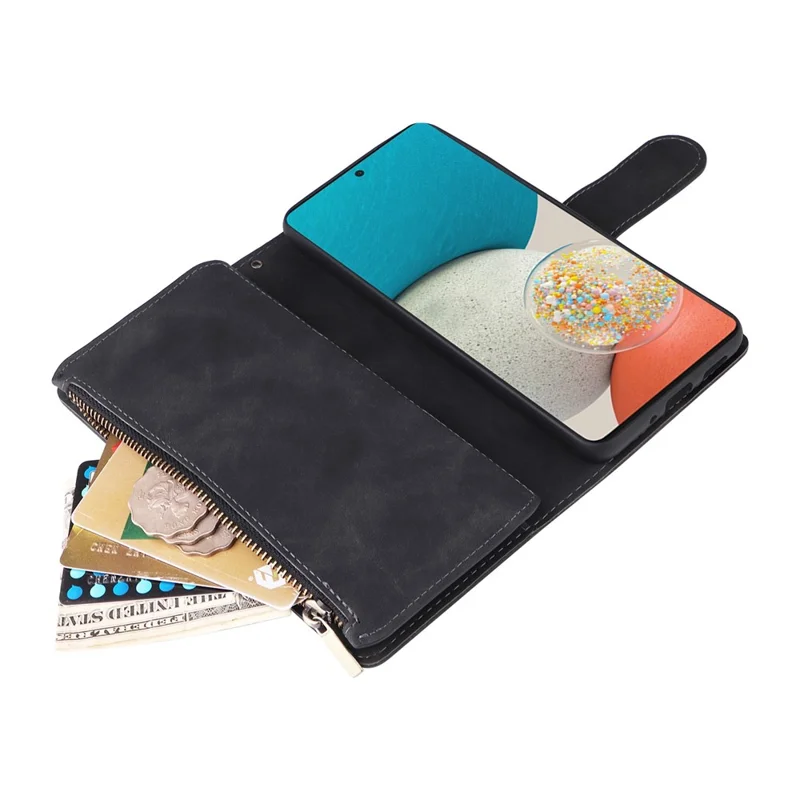 For Samsung Galaxy A53 5G Multiple Card Slots Drop-proof Case Leather Wallet Stand Folio Flip Phone Cover with Zipper Pocket - Black