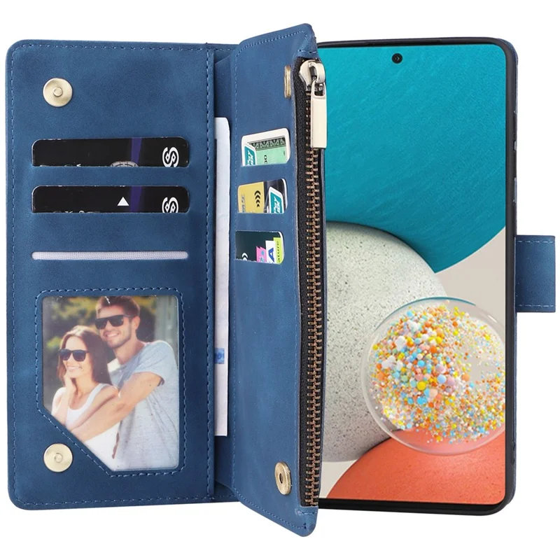 For Samsung Galaxy A53 5G Multiple Card Slots Drop-proof Case Leather Wallet Stand Folio Flip Phone Cover with Zipper Pocket - Blue