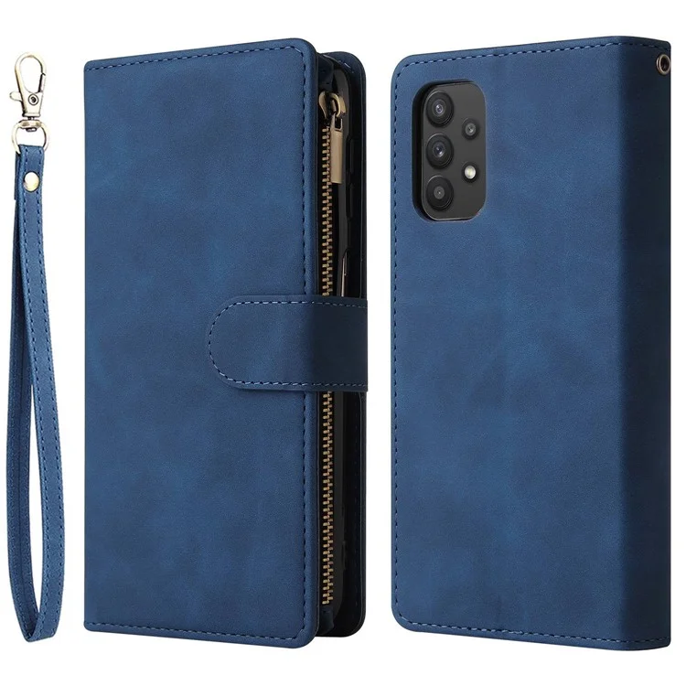Für Samsung Galaxy A32 5G / M32 5G Multi -card -slots PU Leder Full Protection Telefonabdeckung Reißverschluss Taschen -design Brieftasche Hülle - Blau