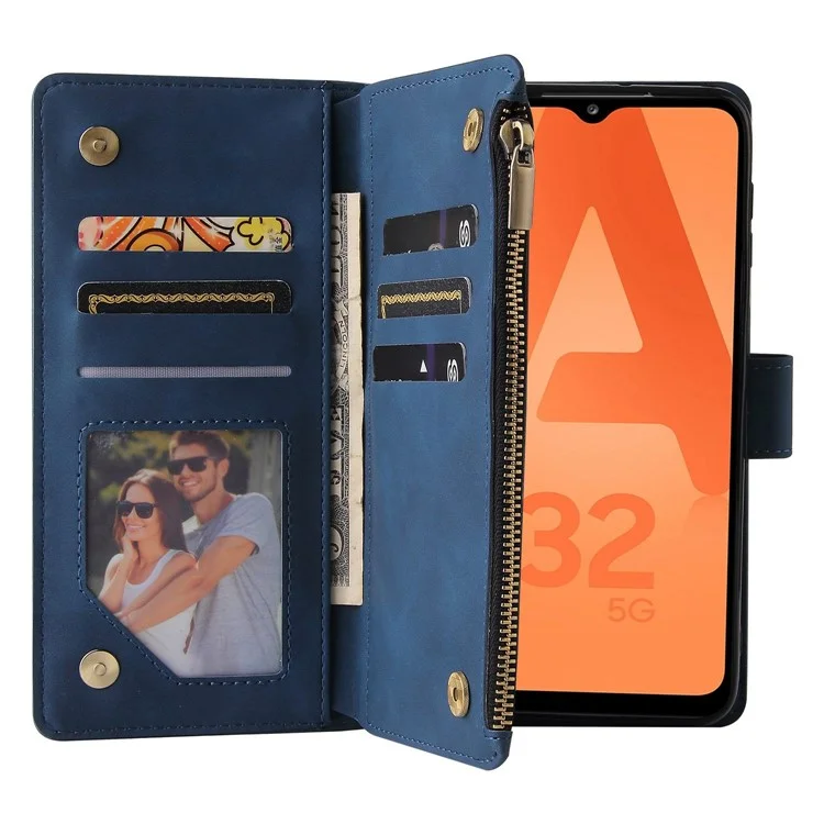 Für Samsung Galaxy A32 5G / M32 5G Multi -card -slots PU Leder Full Protection Telefonabdeckung Reißverschluss Taschen -design Brieftasche Hülle - Blau