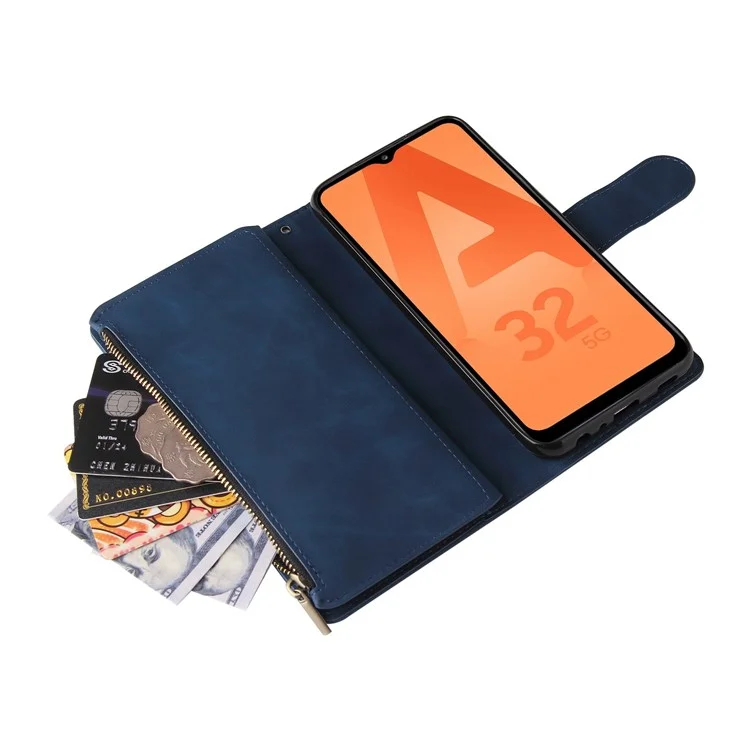 Für Samsung Galaxy A32 5G / M32 5G Multi -card -slots PU Leder Full Protection Telefonabdeckung Reißverschluss Taschen -design Brieftasche Hülle - Blau