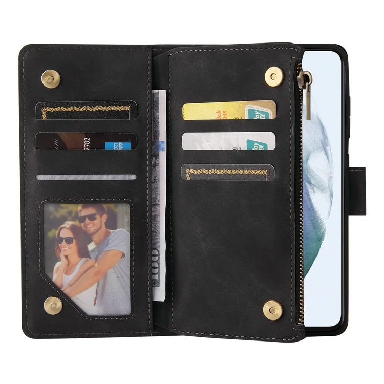 Für Samsung Galaxy S21 fe 5G Multi -card -slots PU Leder Telefon Brieftasche Abdeckung Reißverschluss Taschenentwicklung Entwurfsschutzhülle - Schwarz
