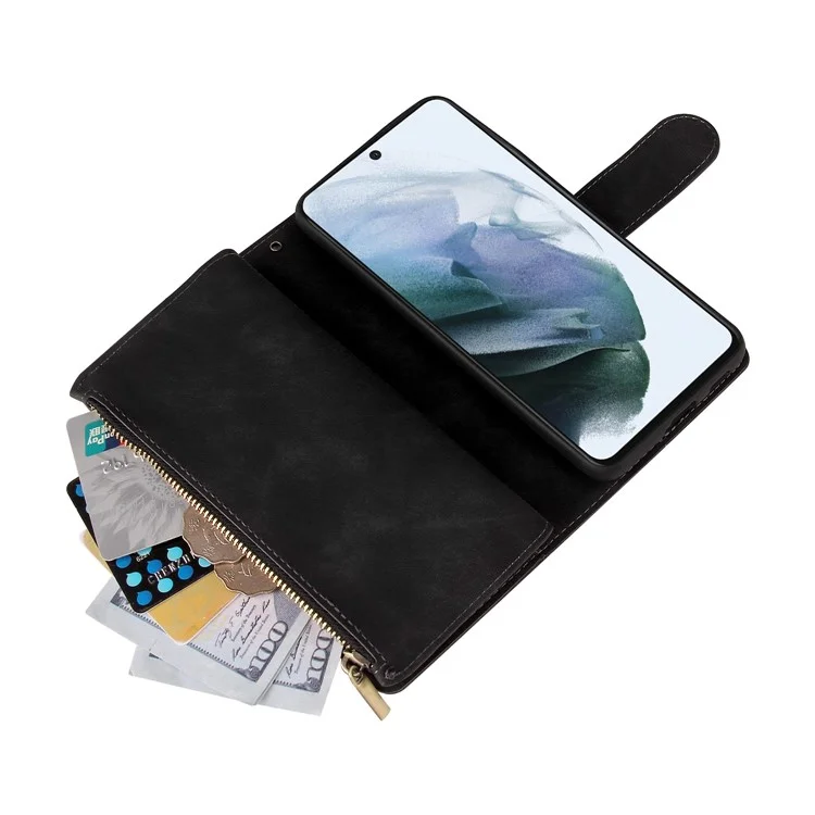 Für Samsung Galaxy S21 fe 5G Multi -card -slots PU Leder Telefon Brieftasche Abdeckung Reißverschluss Taschenentwicklung Entwurfsschutzhülle - Schwarz