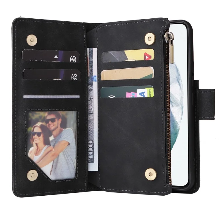 Multiple Card Slots Stand Case for Samsung Galaxy S22 5G, Wallet PU Leather Zipper Pocket Phone Cover - Black