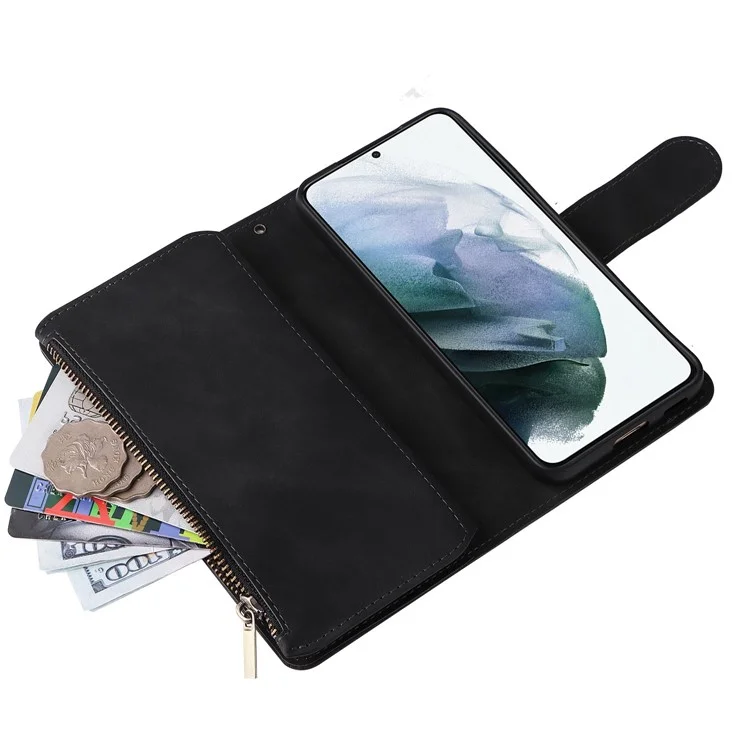Multiple Card Slots Stand Case for Samsung Galaxy S22 5G, Wallet PU Leather Zipper Pocket Phone Cover - Black