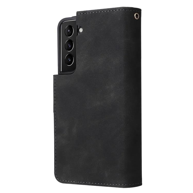 Multiple Card Slots Stand Case for Samsung Galaxy S22 5G, Wallet PU Leather Zipper Pocket Phone Cover - Black