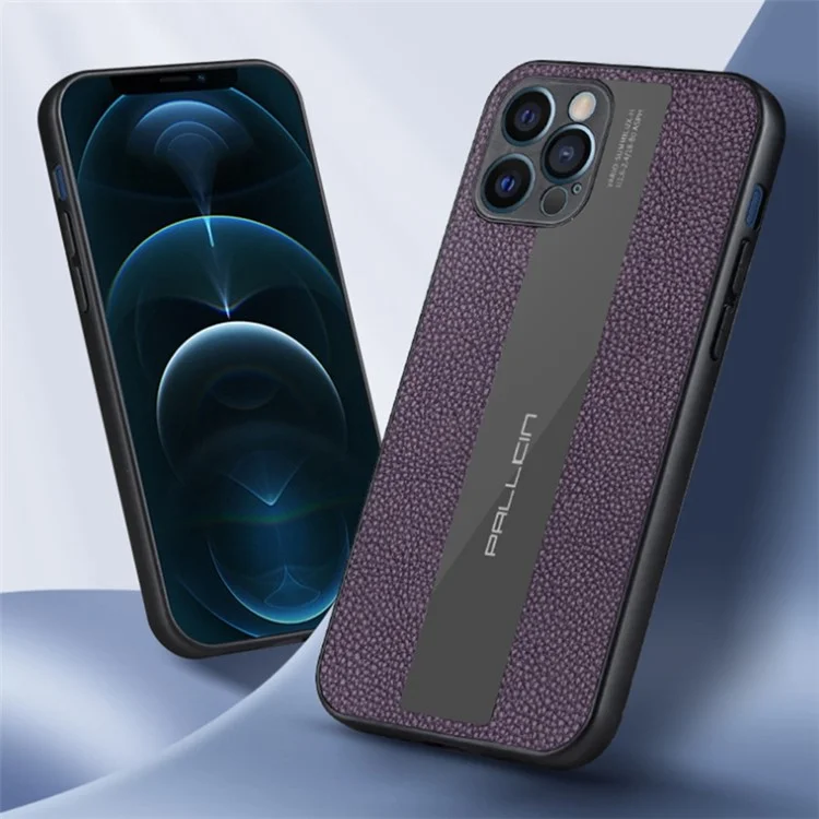 For iPhone 14 6.1 inch Anti-scratch Phone Case Genuine Leather+TPU Hybrid Phone Back Cover - Purple