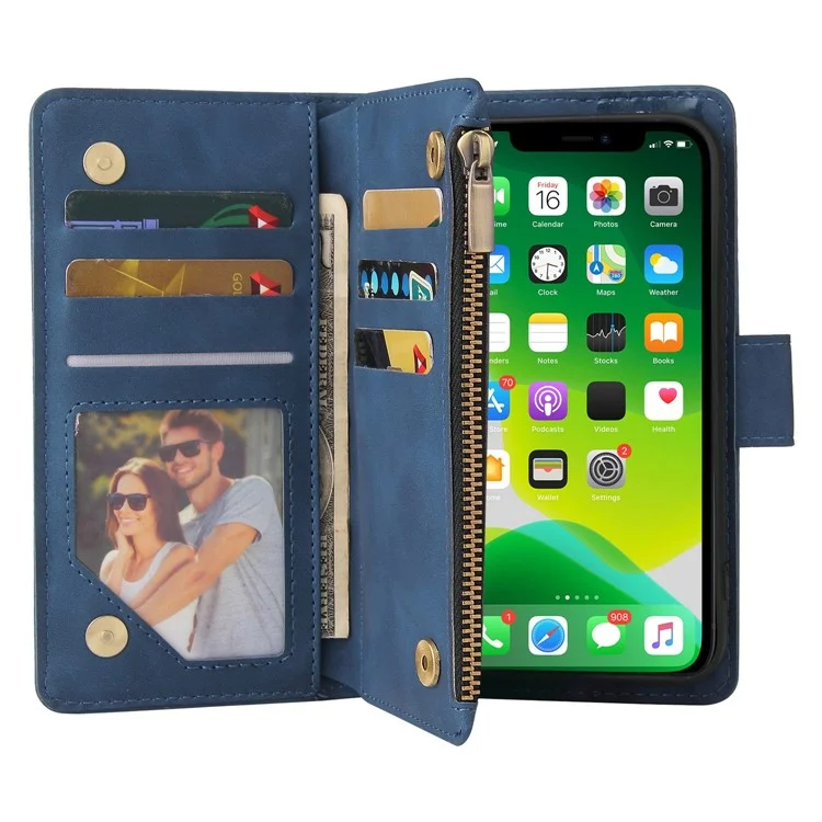For iPhone 13 6.1 inch PU Leather Full Protection Phone Stand Cover Card Slots Wallet Protective Case with Zipper Pocket - Blue