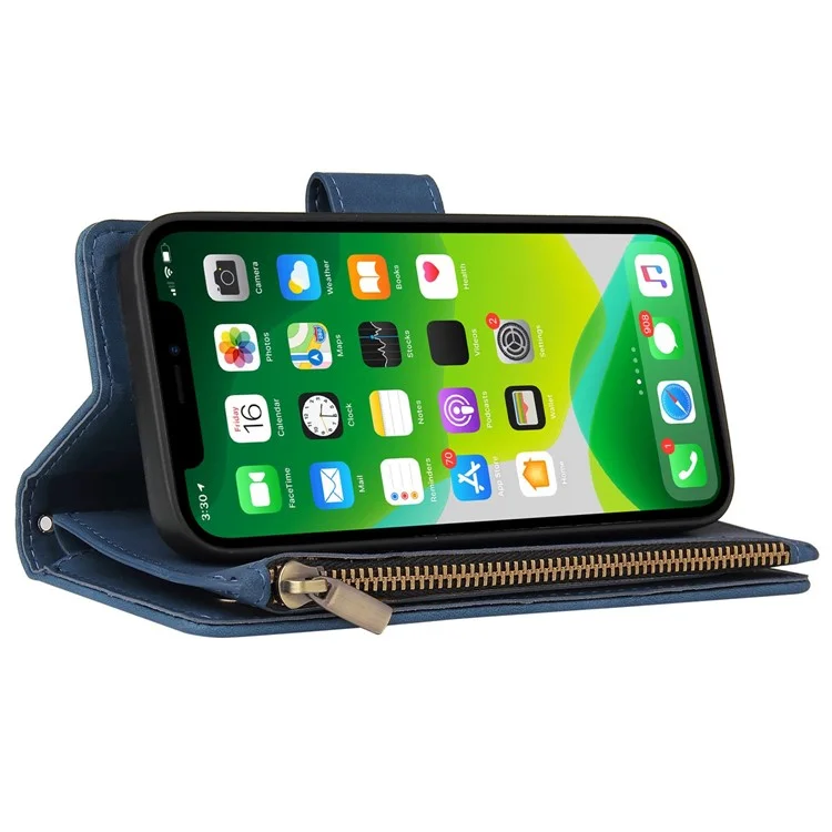For iPhone 13 6.1 inch PU Leather Full Protection Phone Stand Cover Card Slots Wallet Protective Case with Zipper Pocket - Blue