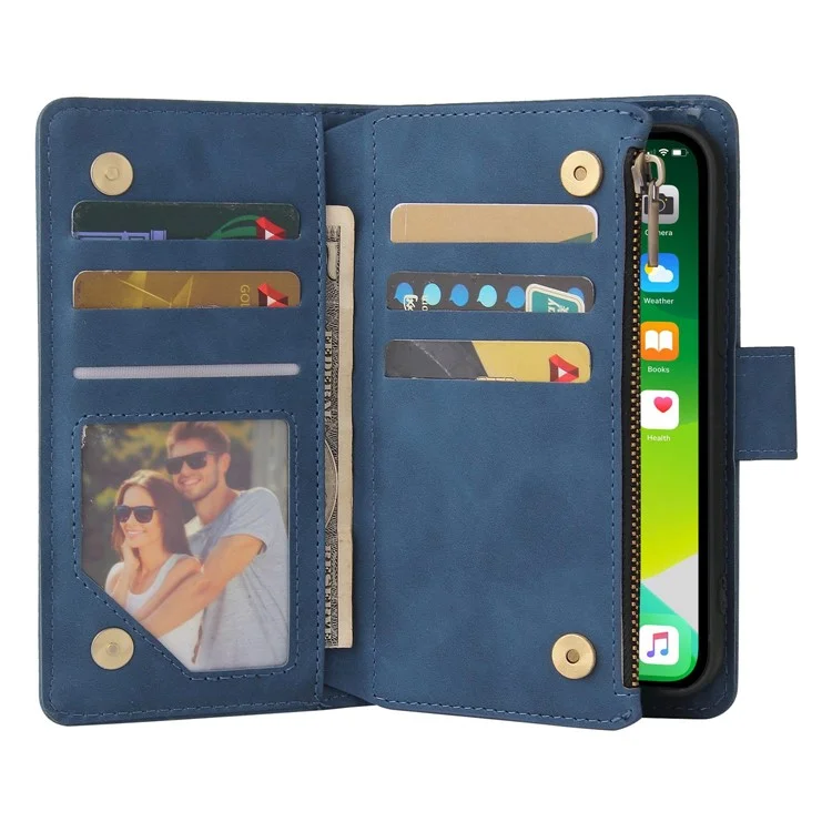 For iPhone 13 6.1 inch PU Leather Full Protection Phone Stand Cover Card Slots Wallet Protective Case with Zipper Pocket - Blue
