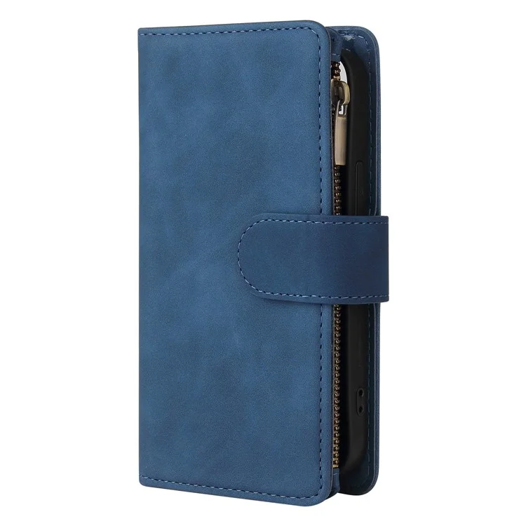 For iPhone 13 6.1 inch PU Leather Full Protection Phone Stand Cover Card Slots Wallet Protective Case with Zipper Pocket - Blue