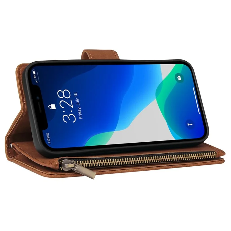 For iPhone 13 Pro 6.1 inch Zipper Pocket Design PU Leather Mobile Phone Wallet Stand Cover Multi Card Slots Drop-proof Case - Brown
