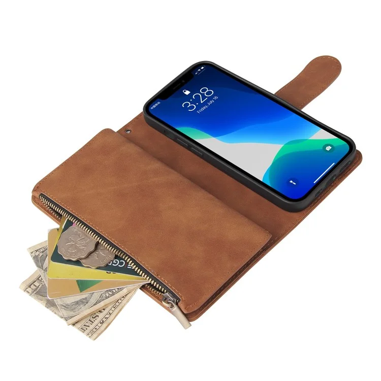 For iPhone 13 Pro 6.1 inch Zipper Pocket Design PU Leather Mobile Phone Wallet Stand Cover Multi Card Slots Drop-proof Case - Brown