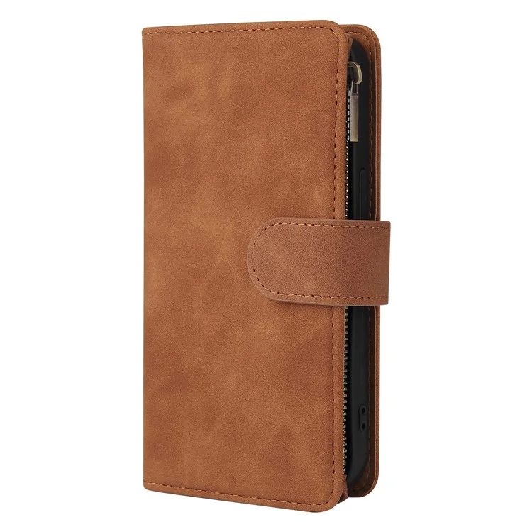 For iPhone 13 Pro 6.1 inch Zipper Pocket Design PU Leather Mobile Phone Wallet Stand Cover Multi Card Slots Drop-proof Case - Brown