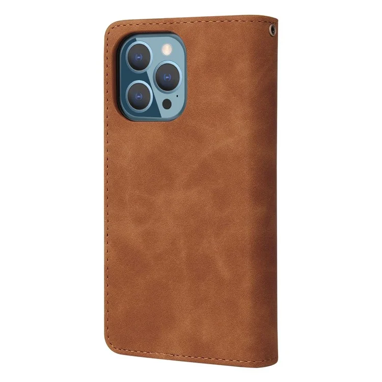 For iPhone 13 Pro 6.1 inch Zipper Pocket Design PU Leather Mobile Phone Wallet Stand Cover Multi Card Slots Drop-proof Case - Brown