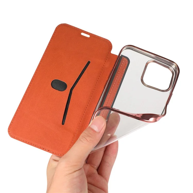 For iPhone 14 Pro Max 6.7 inch PU Leather Folio Flip Case Card Slot Clear Soft TPU Back Stand Electroplating Shell - Rose Gold