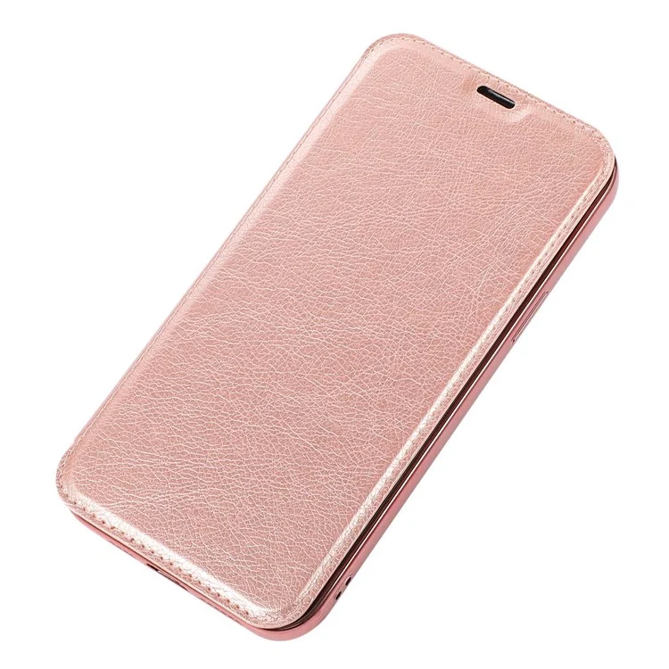 For iPhone 14 Pro Max 6.7 inch PU Leather Folio Flip Case Card Slot Clear Soft TPU Back Stand Electroplating Shell - Rose Gold