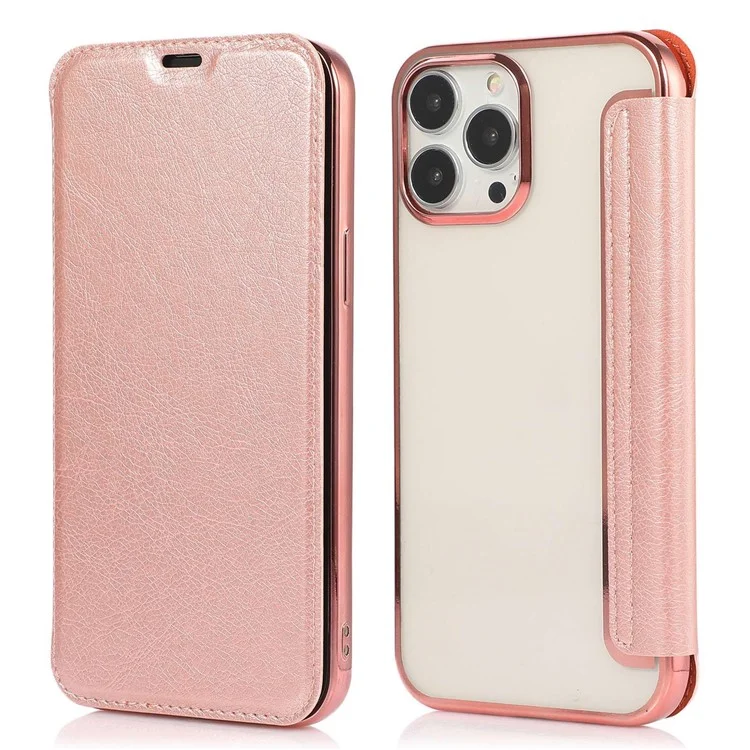 For iPhone 14 Plus Card Slot Electroplating Case PU Leather Clear TPU Back Full Protection Stand Case - Rose Gold