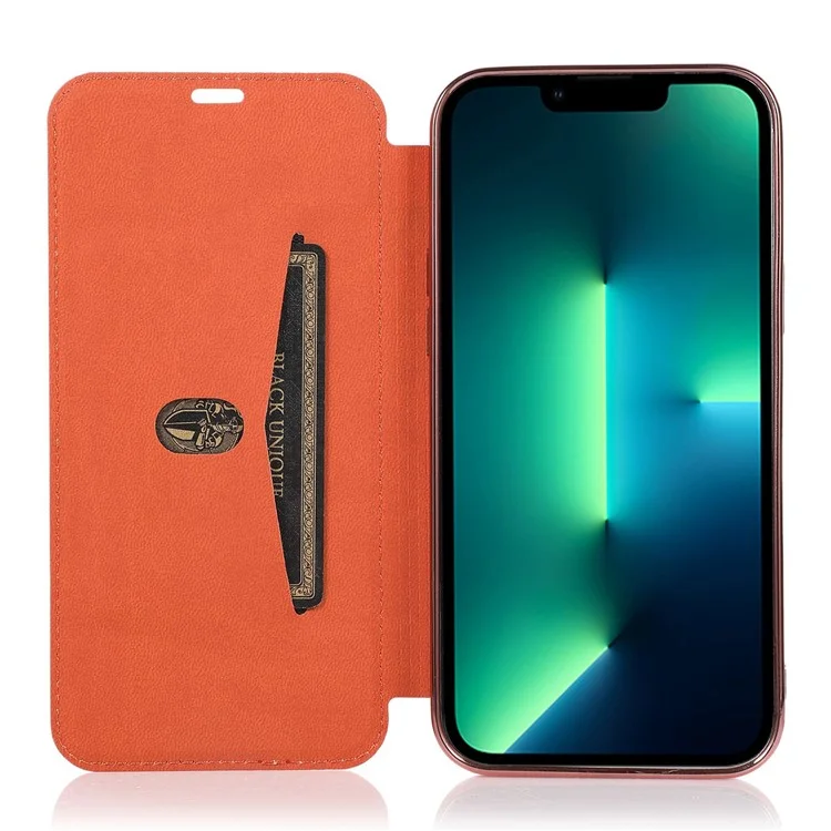For iPhone 14 Plus Card Slot Electroplating Case PU Leather Clear TPU Back Full Protection Stand Case - Rose Gold