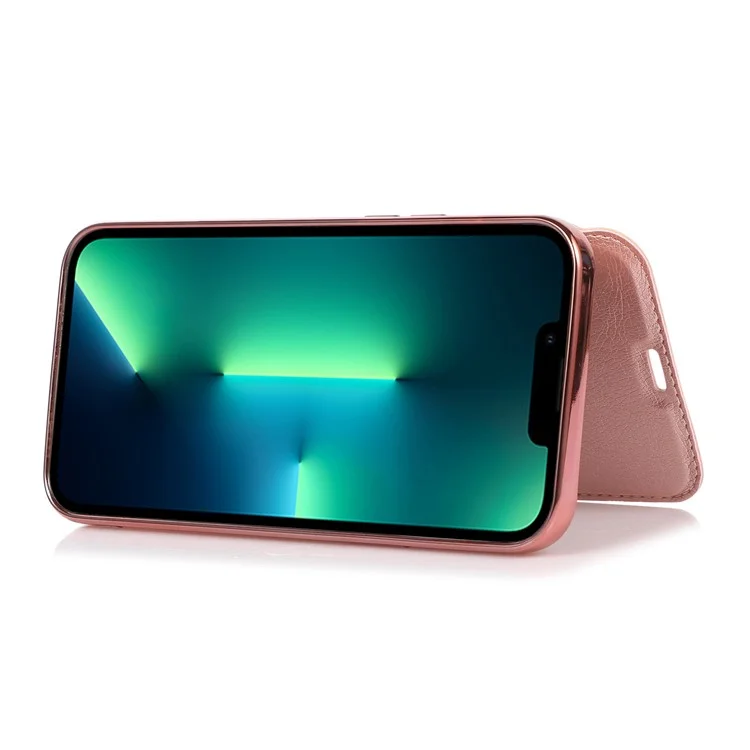 For iPhone 14 Plus Card Slot Electroplating Case PU Leather Clear TPU Back Full Protection Stand Case - Rose Gold