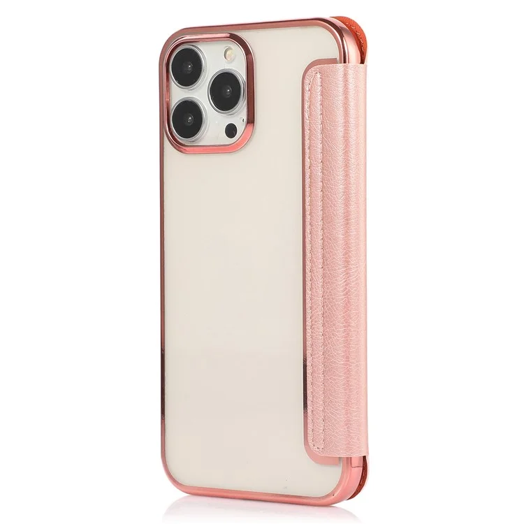 For iPhone 14 Plus Card Slot Electroplating Case PU Leather Clear TPU Back Full Protection Stand Case - Rose Gold