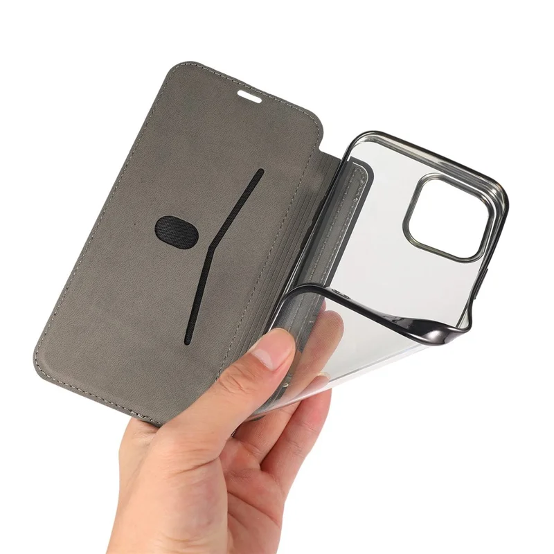 For iPhone 14 6.1 inch PU Leather Flip Case Transparent TPU Back Stand Function Electroplating Cover with Card Holder - Black