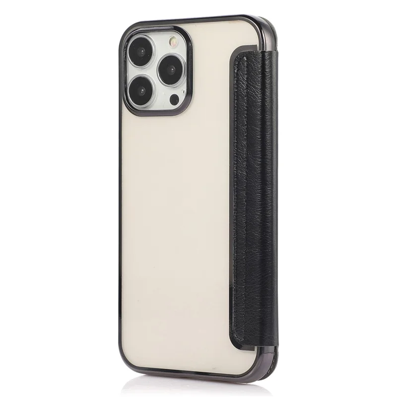 For iPhone 14 6.1 inch PU Leather Flip Case Transparent TPU Back Stand Function Electroplating Cover with Card Holder - Black