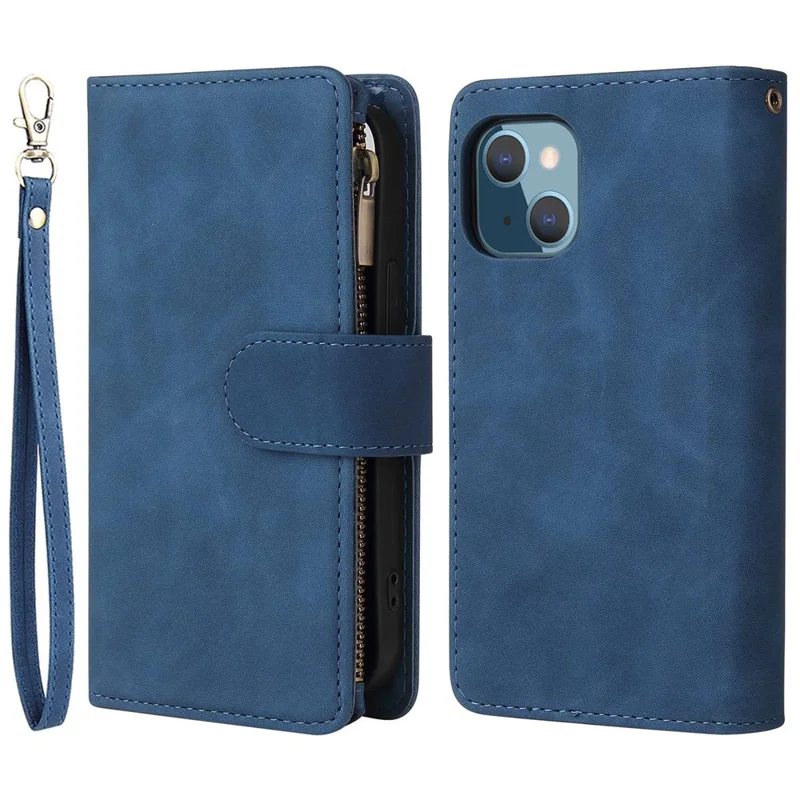 For iPhone 14 Plus Zipper Pocket Card Slots Design PU Leather Phone Cover Wallet Stand Drop-proof Case - Blue