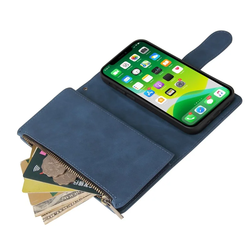 For iPhone 14 Plus Zipper Pocket Card Slots Design PU Leather Phone Cover Wallet Stand Drop-proof Case - Blue