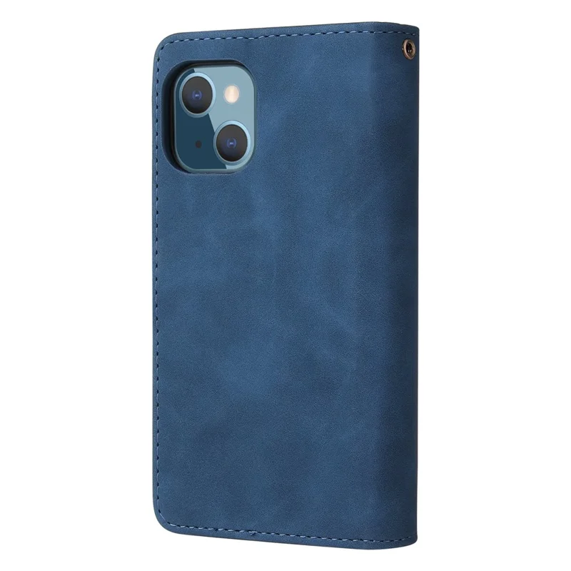 For iPhone 14 Plus Zipper Pocket Card Slots Design PU Leather Phone Cover Wallet Stand Drop-proof Case - Blue