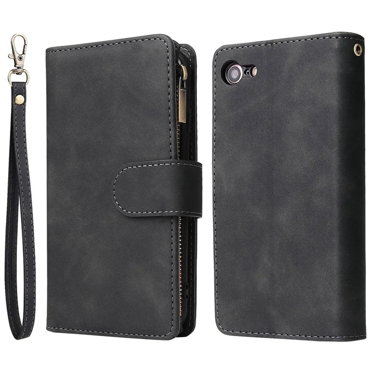 For iPhone 6 / 7 / 8 4.7 inch / SE (2020) / (2022) Multiple Card Slots Stand Case PU Leather Zipper Pocket Phone Wallet Cover - Black