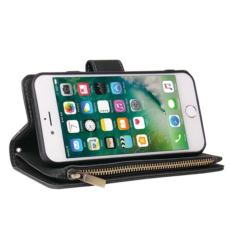 For iPhone 6 / 7 / 8 4.7 inch / SE (2020) / (2022) Multiple Card Slots Stand Case PU Leather Zipper Pocket Phone Wallet Cover - Black