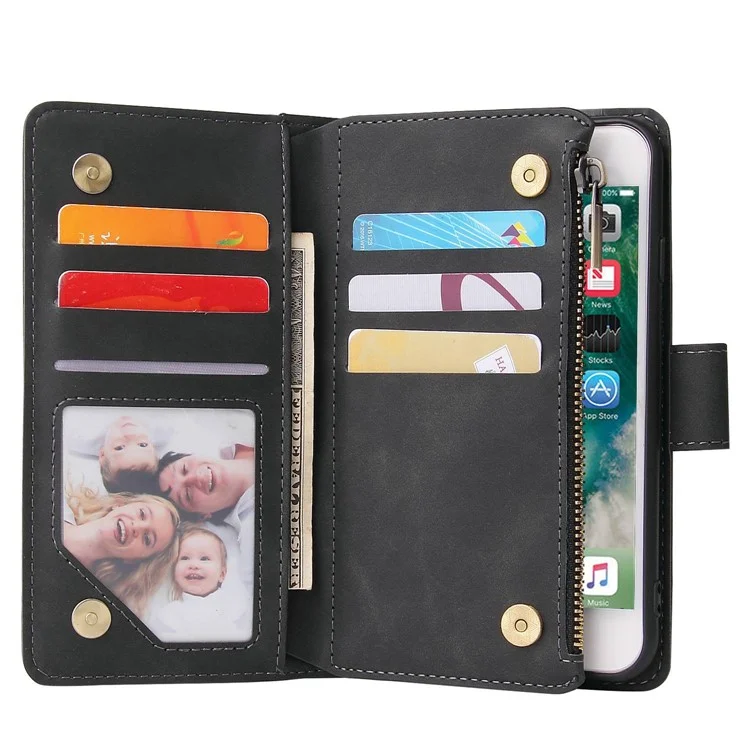 For iPhone 6 / 7 / 8 4.7 inch / SE (2020) / (2022) Multiple Card Slots Stand Case PU Leather Zipper Pocket Phone Wallet Cover - Black