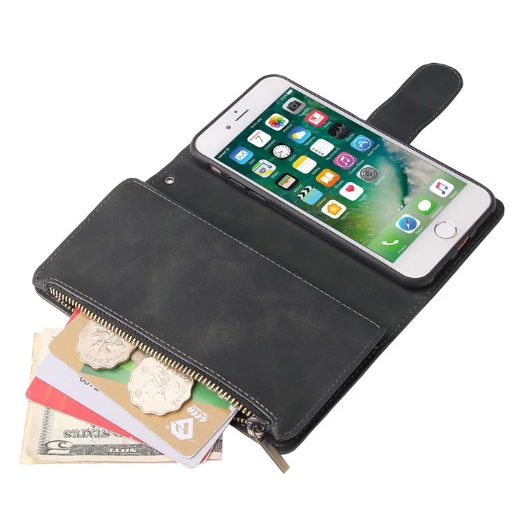For iPhone 6 / 7 / 8 4.7 inch / SE (2020) / (2022) Multiple Card Slots Stand Case PU Leather Zipper Pocket Phone Wallet Cover - Black