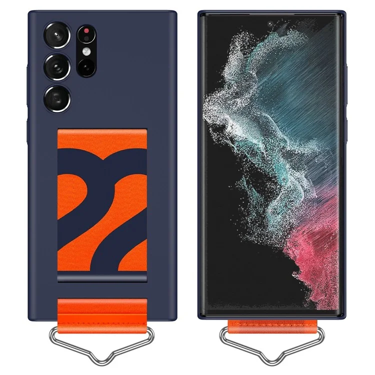 Для Samsung Galaxy S22 Ultra 5G Hard PC Case Antiplop Phone Cope с Ручным Ремешком и Металлическим Кольцом Треугольника - Темно-синий