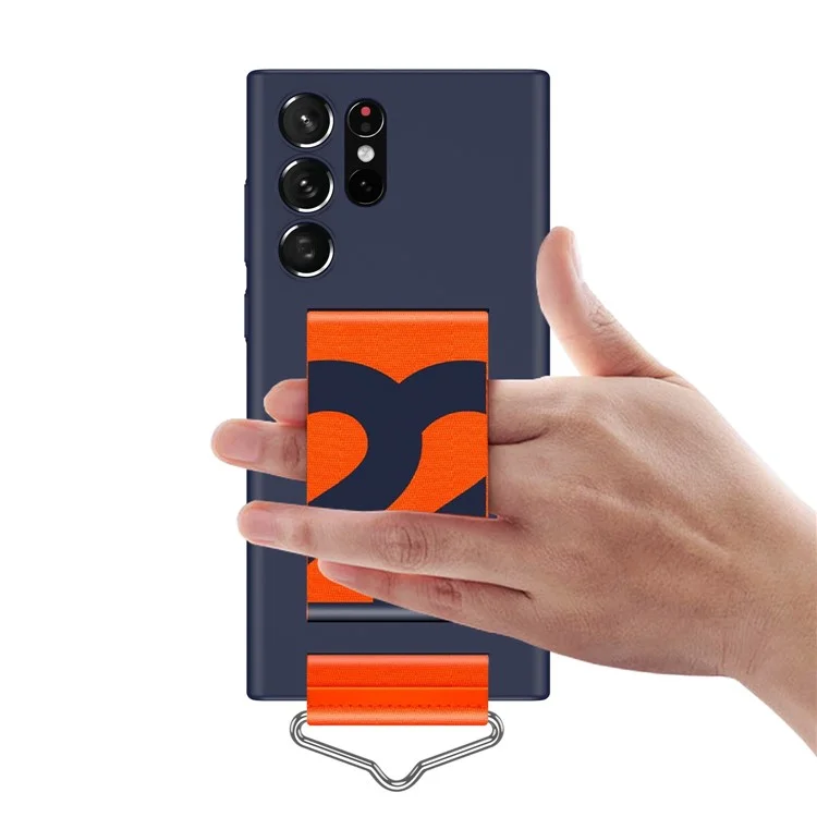 Для Samsung Galaxy S22 Ultra 5G Hard PC Case Antiplop Phone Cope с Ручным Ремешком и Металлическим Кольцом Треугольника - Темно-синий