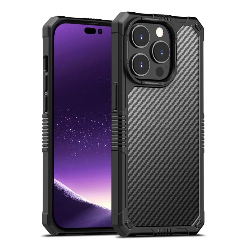 Carbon Fiber Anti-Fingerprint Case for iPhone 14 Pro 6.1 inch TPU+PC Shockproof Cover Scratch Resistant Phone Case - Black