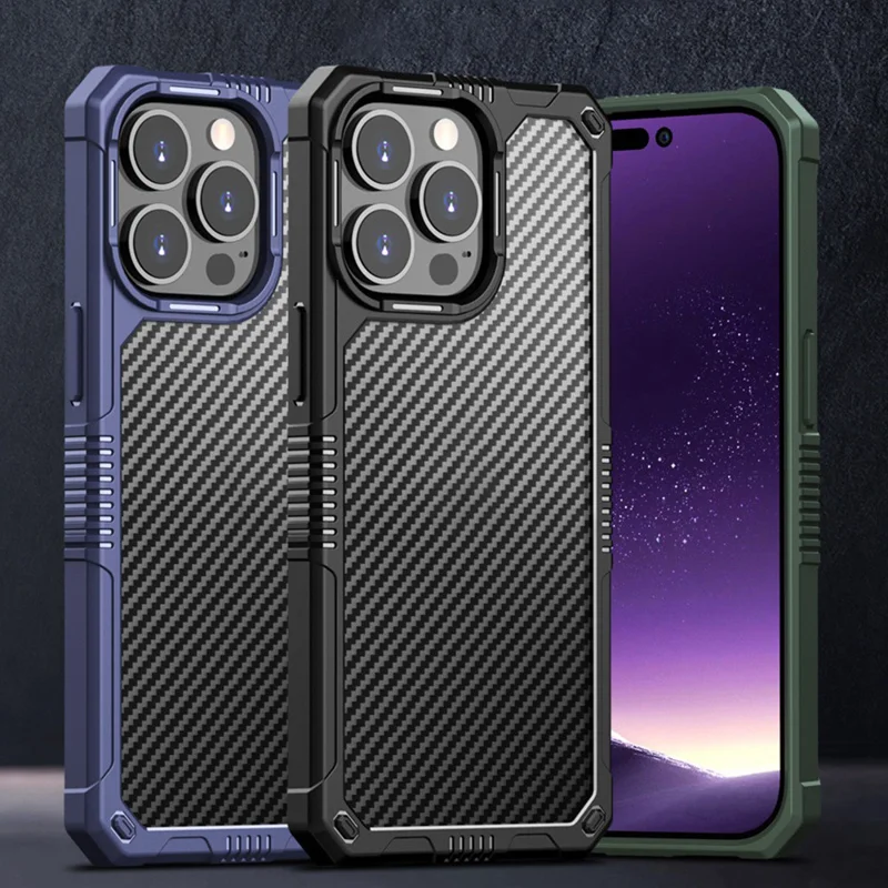 Carbon Fiber Anti-Fingerprint Case for iPhone 14 Pro 6.1 inch TPU+PC Shockproof Cover Scratch Resistant Phone Case - Black