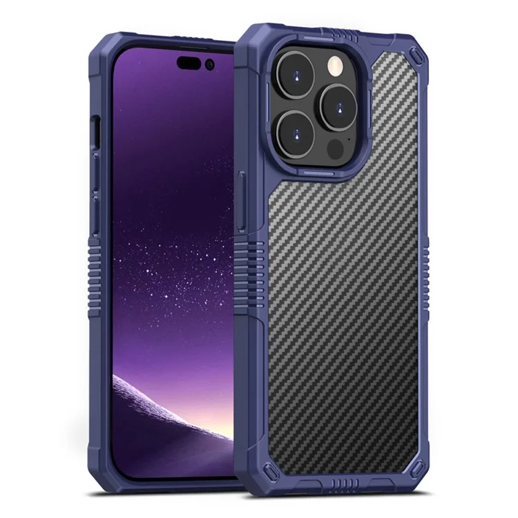 Étui Anti-tension en Fibre de Carbone Pour Iphone 14 Pro 6,1 Pouces Tpu + Couverture de Choc à L'amortisseur pc Écoute de Téléphone Résistant - Bleu